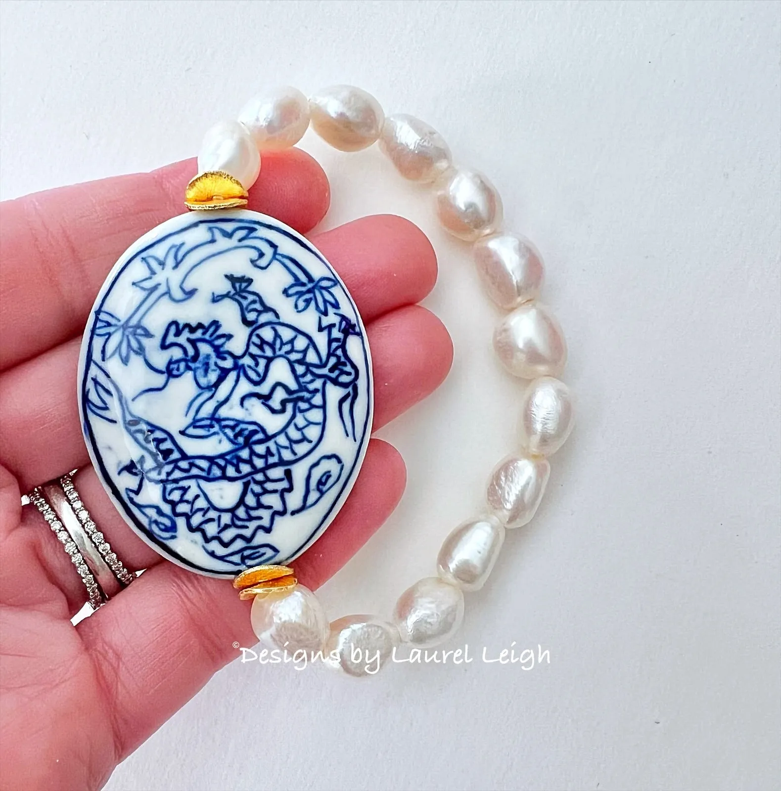 Pearl Chinoiserie Focal Bead Statement Bracelet