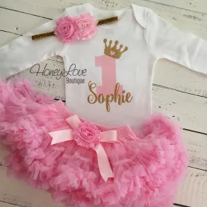 Personalized 1st Birthday Princess outfit - Gold Glitter and Light Pink - embellished pettiskirt