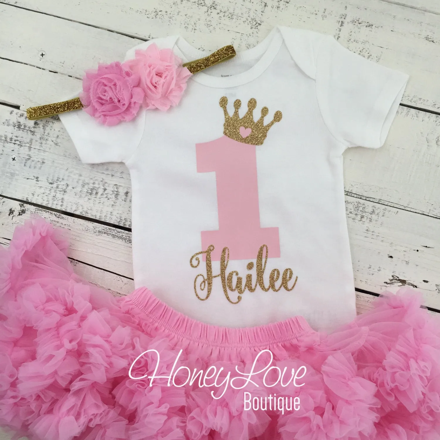 Personalized 1st Birthday Princess outfit - Gold Glitter and Light Pink