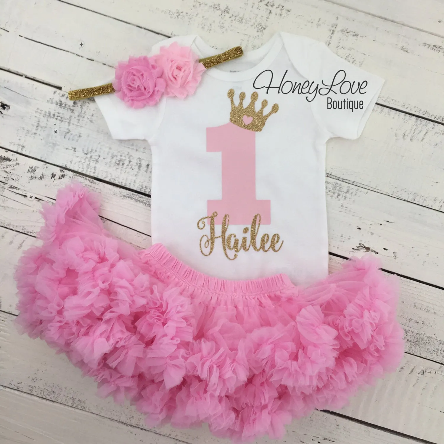 Personalized 1st Birthday Princess outfit - Gold Glitter and Light Pink