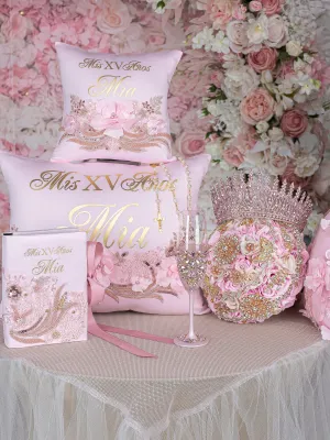 Pink with Gold quinceanera package of glass, pillows set, bible, rosary,crown and bouquet 9 inches