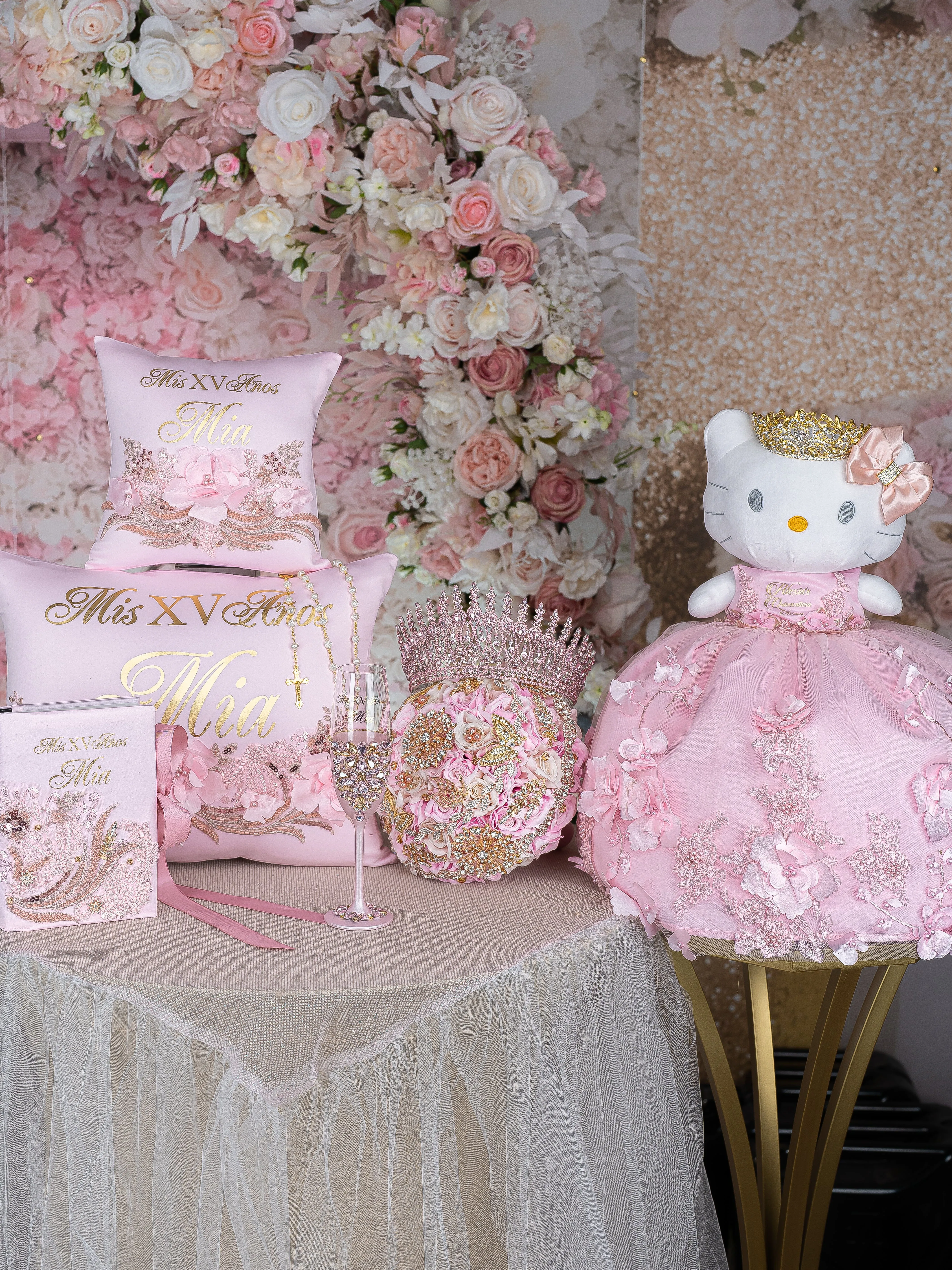 Pink with Gold quinceanera package of glass, pillows set, bible, rosary,crown and bouquet 9 inches