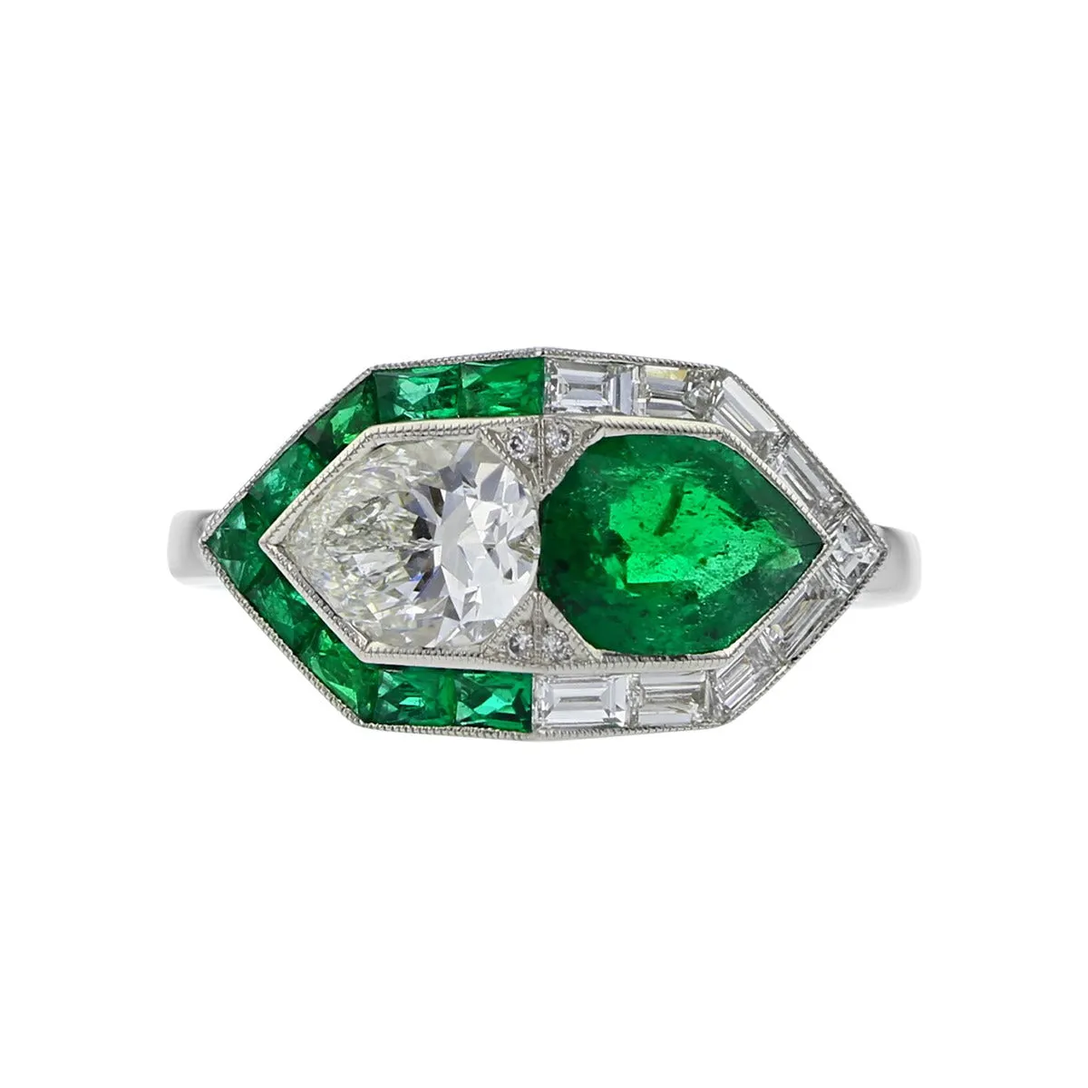 Platinum Emerald and Diamond Halo Ring