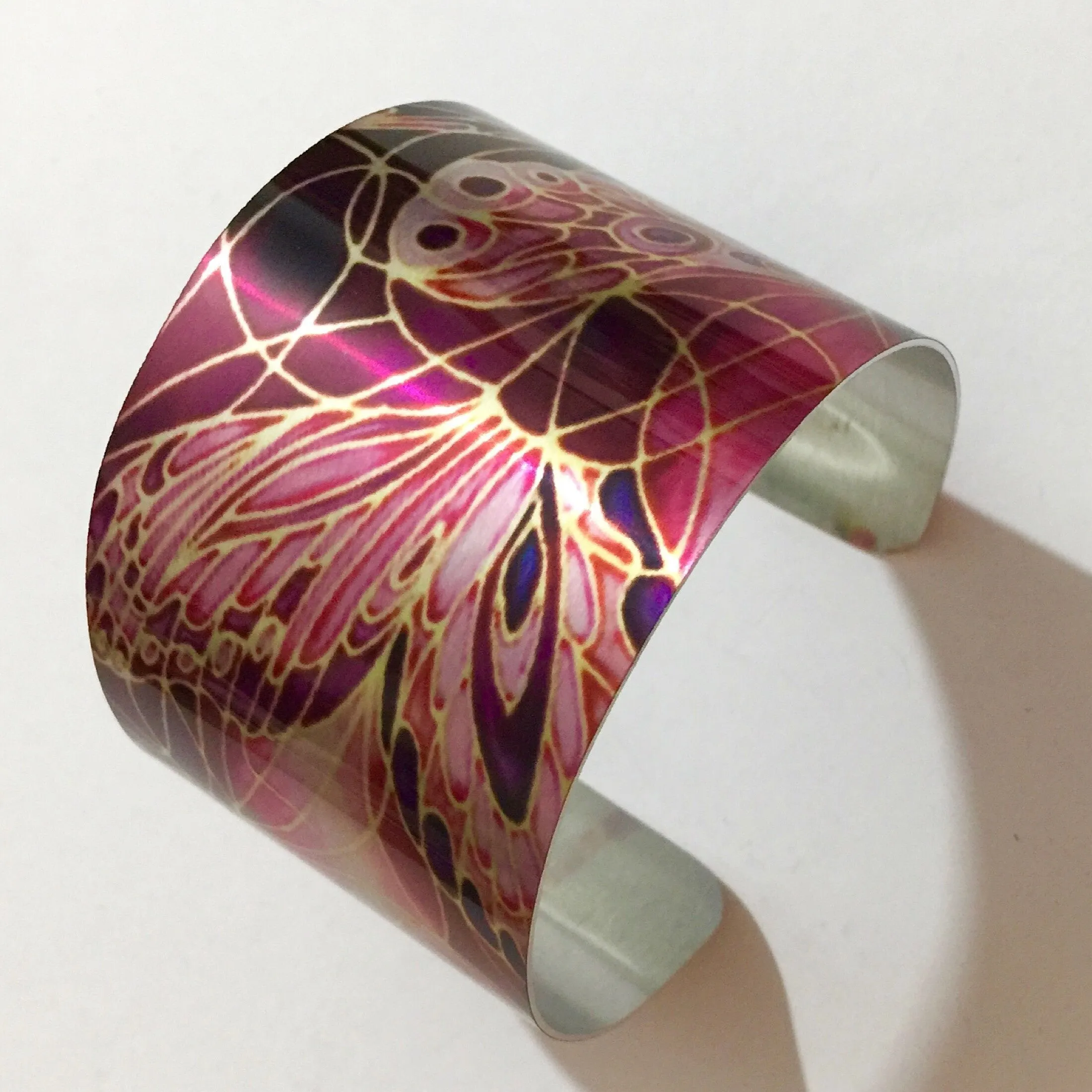 Plum Butterflies Cuff Bracelet, Comtemporary Bracelet in easy wear lightweight aluminium.