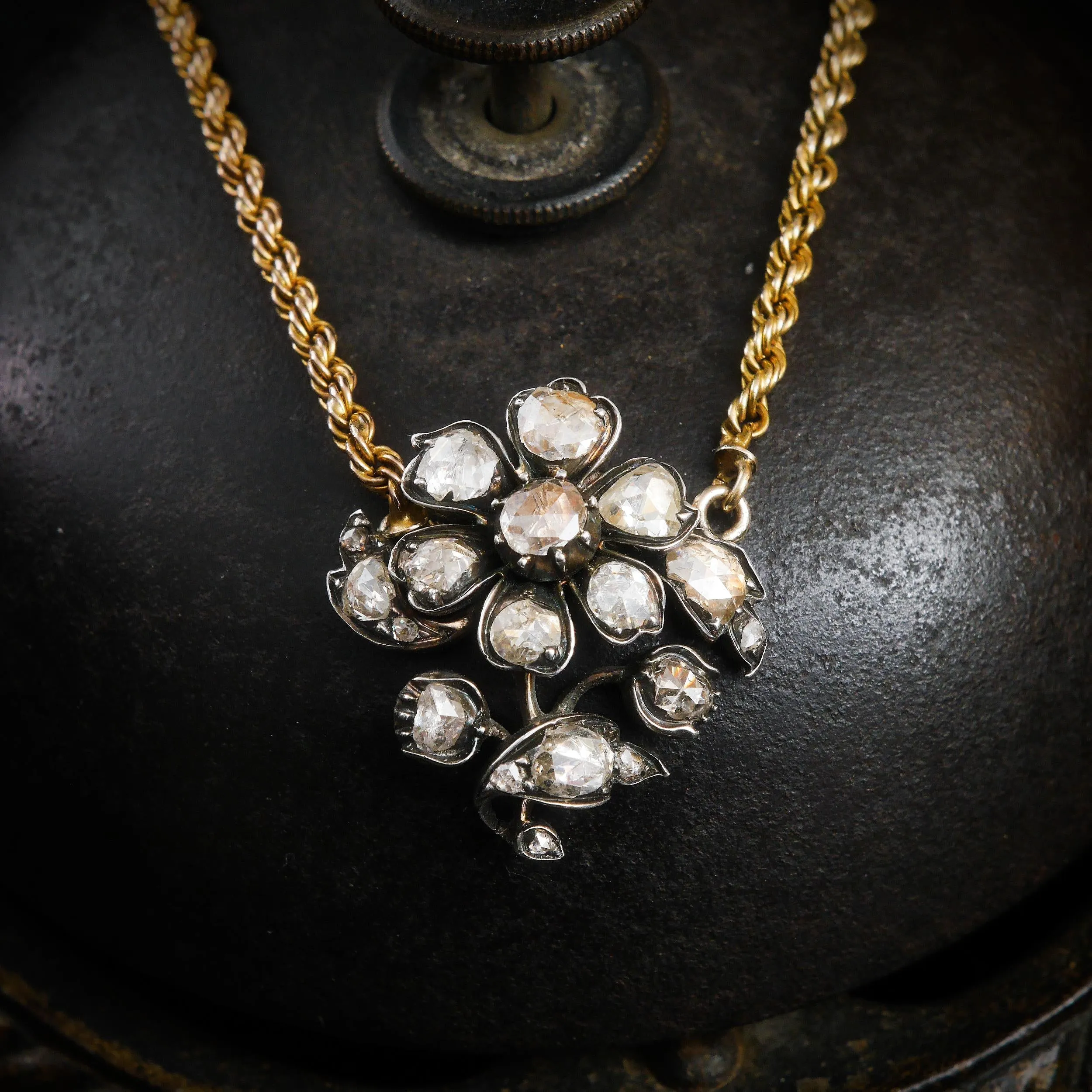 Precious Antique Georgian Floral Rose Cut Diamond Necklace