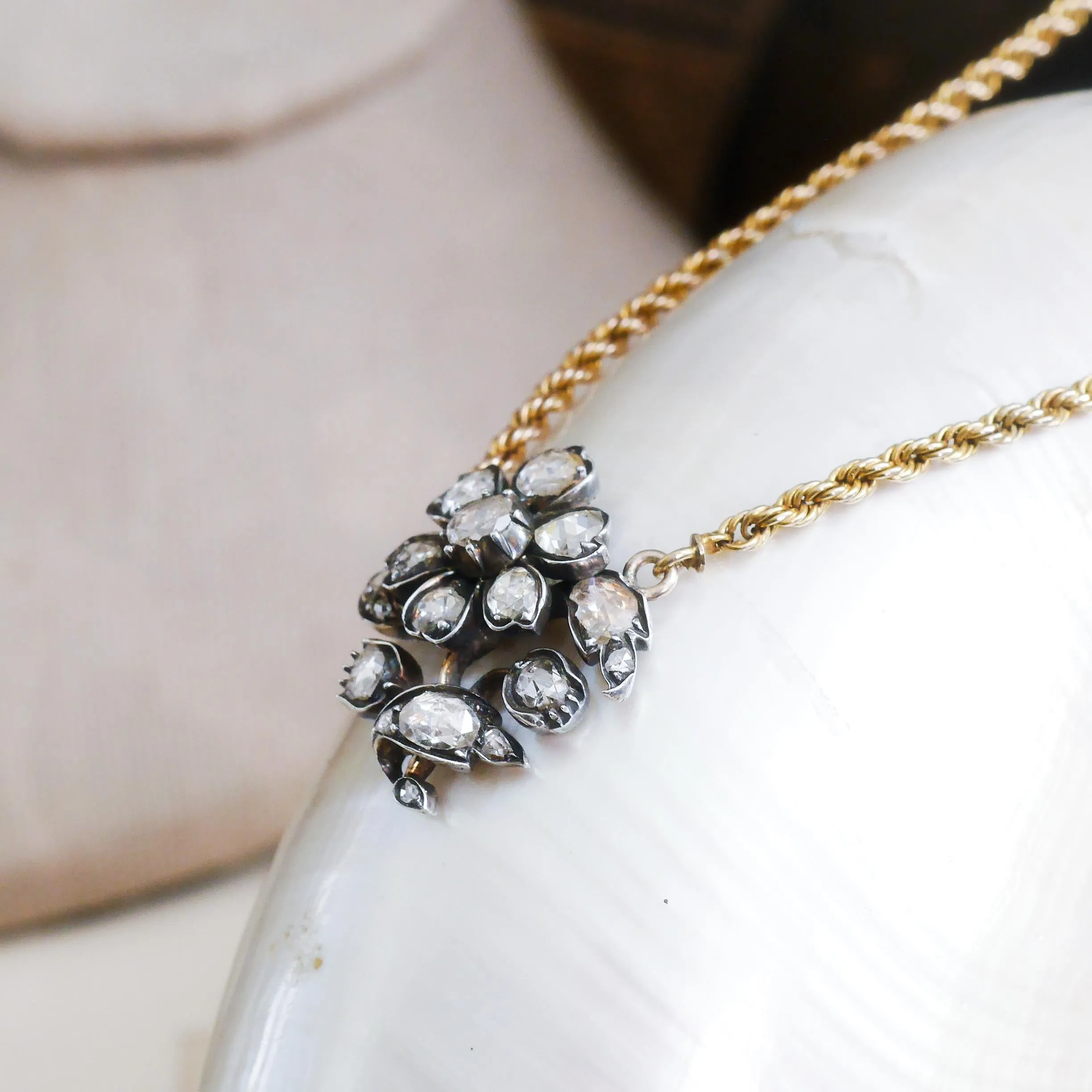 Precious Antique Georgian Floral Rose Cut Diamond Necklace