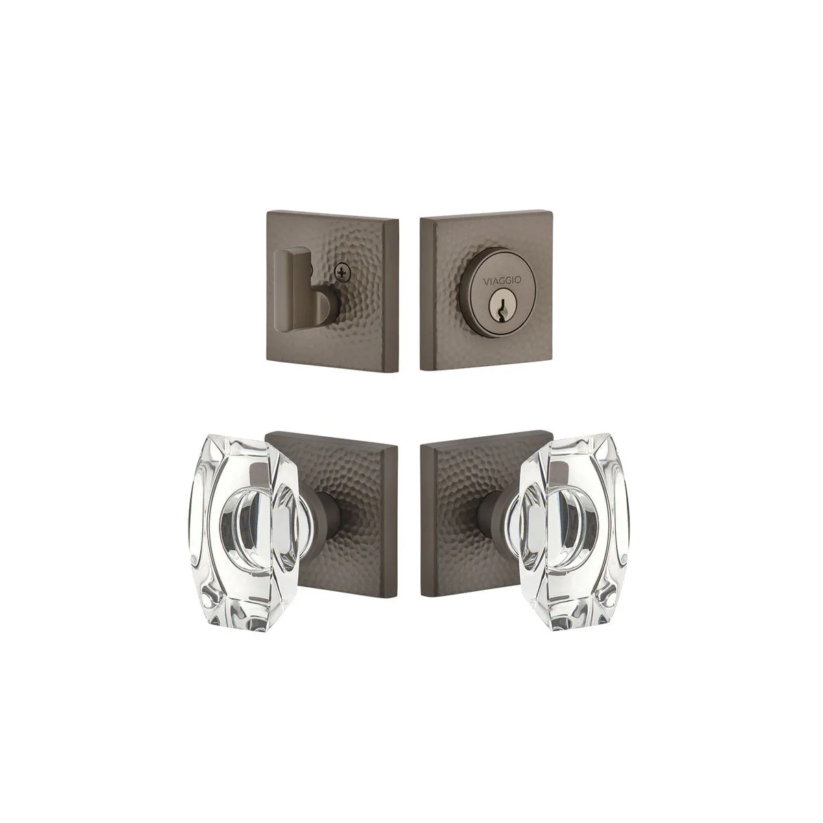 Quadrato Hammered Rosette Entry Set with Stella Knob in Titanium Gray