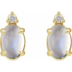 Rainbow Moonstone Cabochon & Natural Diamond Earrings