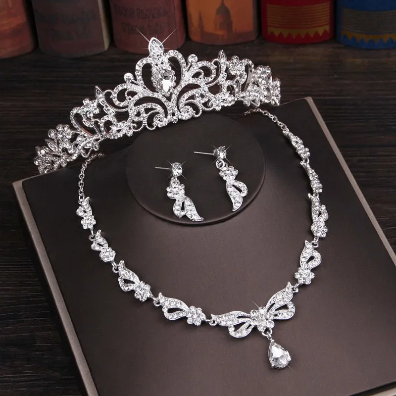 Rhinestone Crystal Classic Bridal Jewelry Sets- Three Pieces- Necklace-Earrings-Tiara-for Wedding or Quince