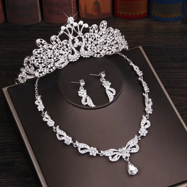 Rhinestone Crystal Classic Bridal Jewelry Sets- Three Pieces- Necklace-Earrings-Tiara-for Wedding or Quince