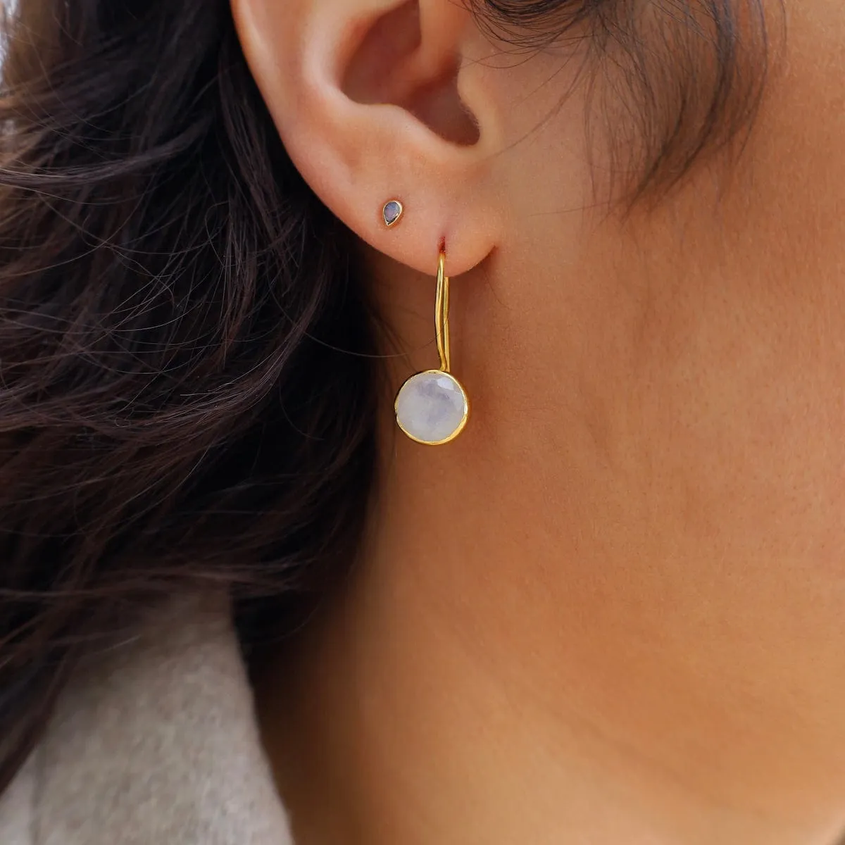 Round Rainbow Moonstone Earrings