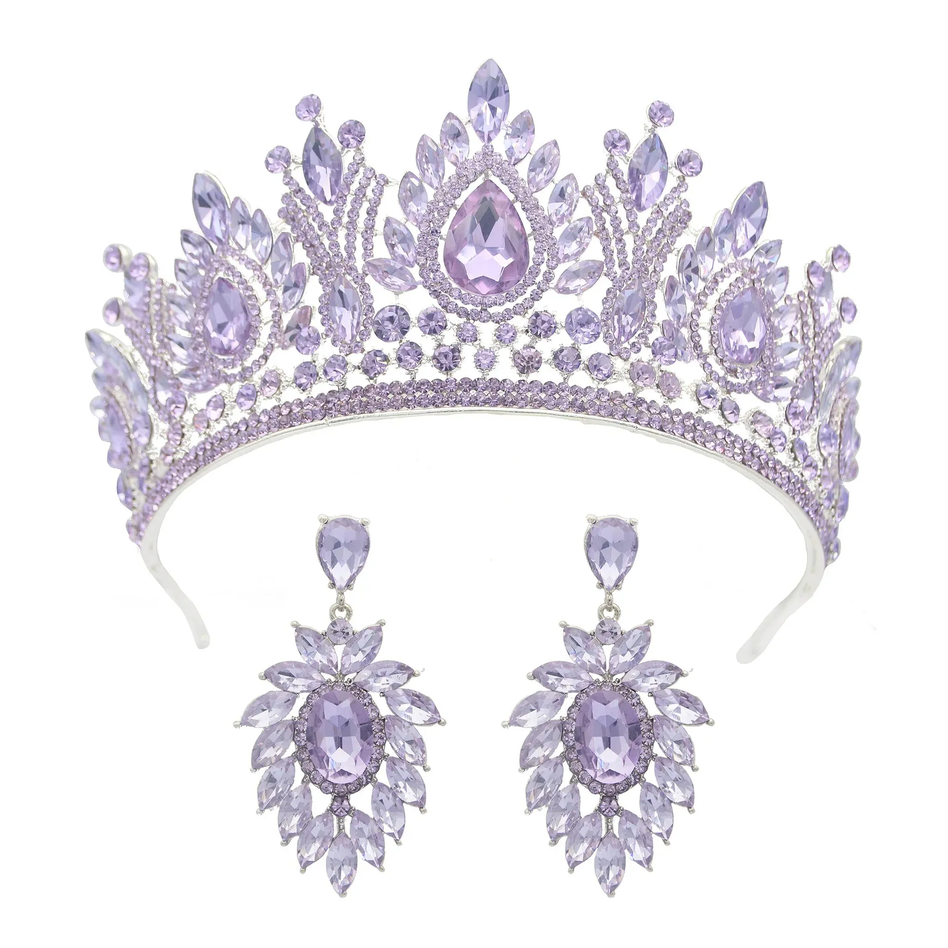 Rows of Crystal Baroque Tiara - for Quinceanera or Bridal Crown with Earrings