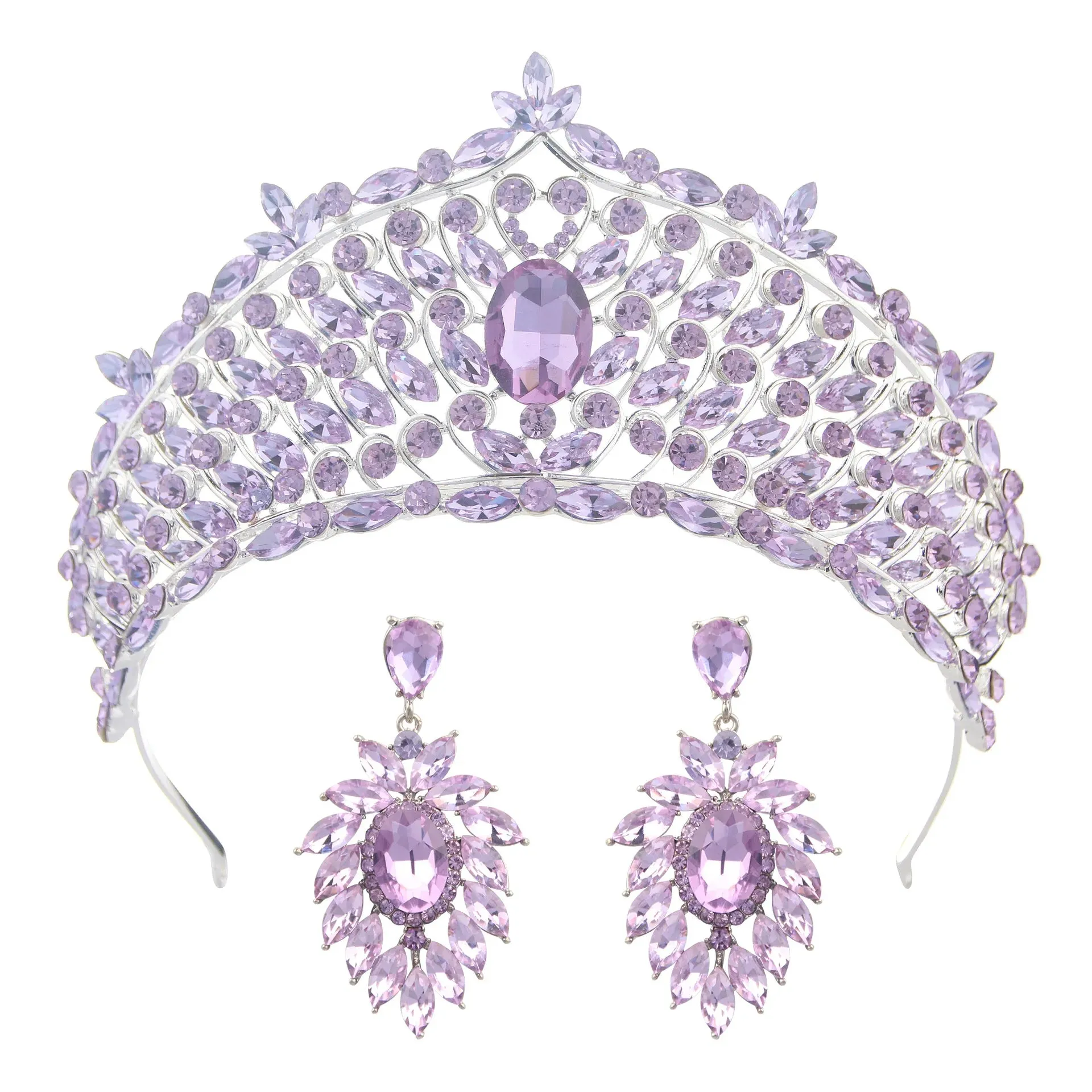 Rows of Crystal Baroque Tiara - for Quinceanera or Bridal Crown with Earrings