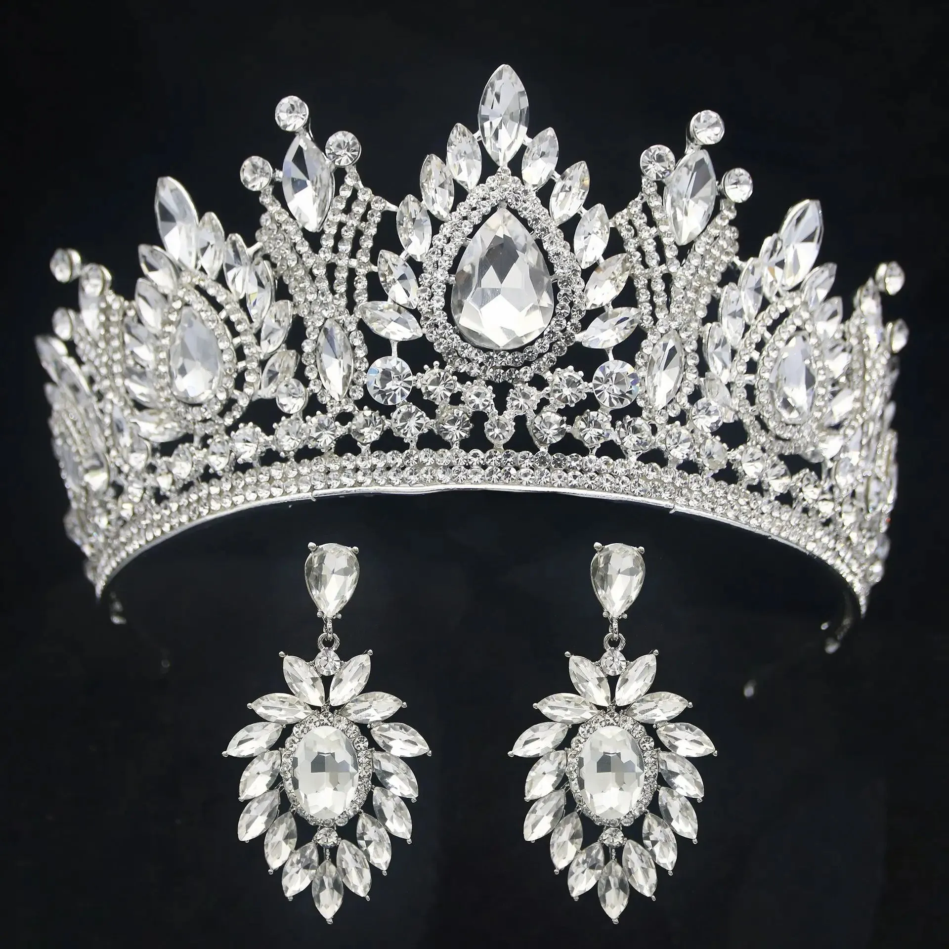 Rows of Crystal Baroque Tiara - for Quinceanera or Bridal Crown with Earrings