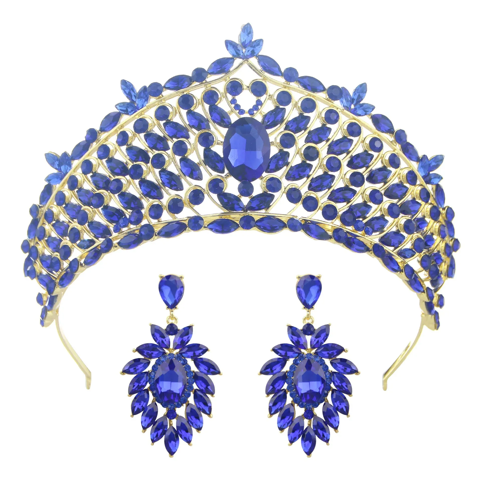 Rows of Crystal Baroque Tiara - for Quinceanera or Bridal Crown with Earrings