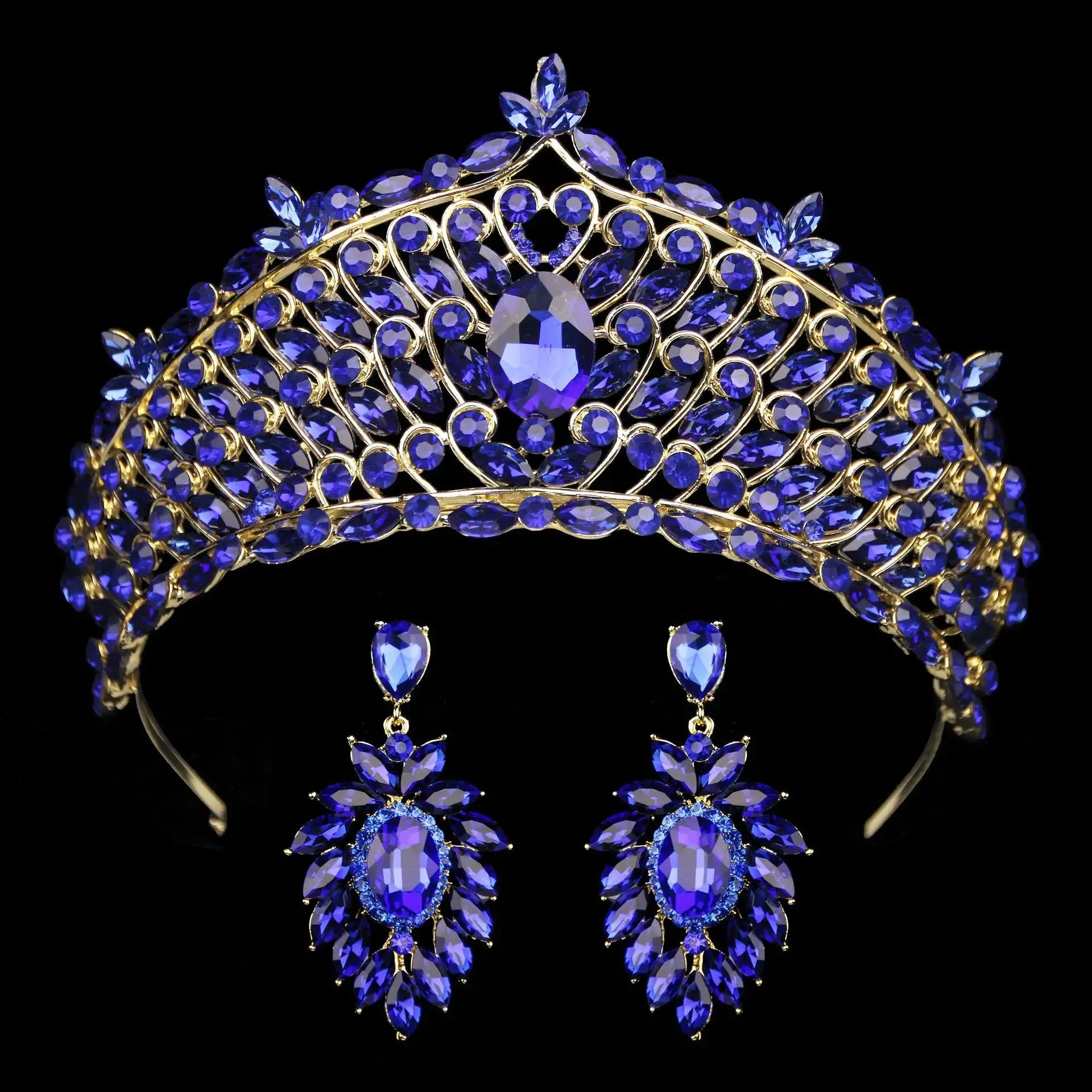 Rows of Crystal Baroque Tiara - for Quinceanera or Bridal Crown with Earrings