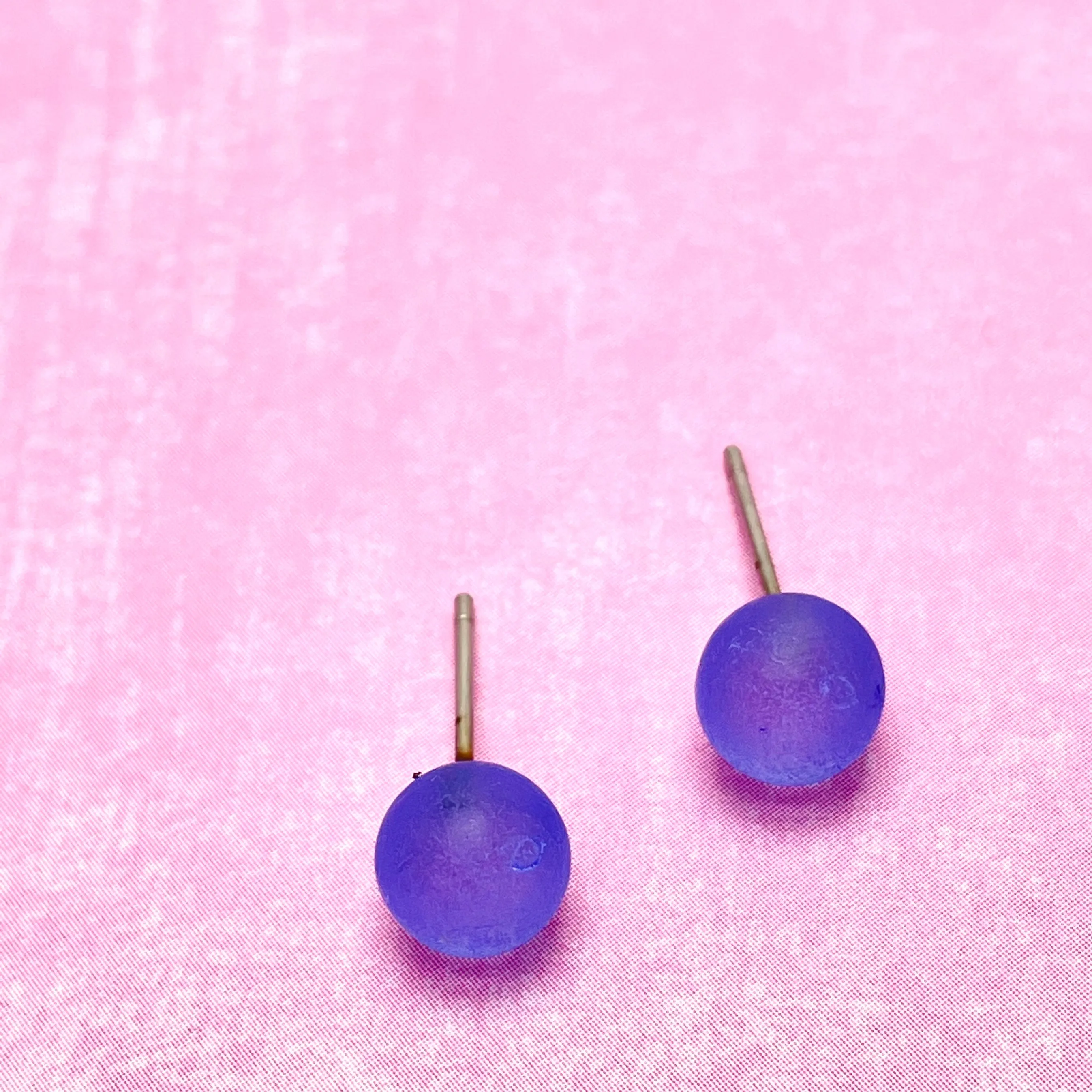 Sapphire Blue Frosted Lucite Mini Ball Stud Earrings