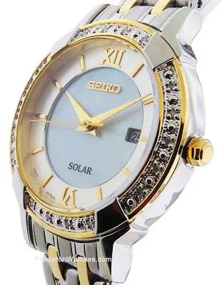 Seiko Womens Solar Classic Diamond Dress Watch - Two-Tone - Mother of Pearl