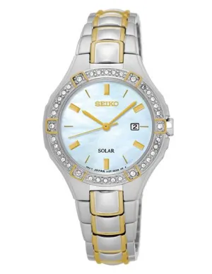 Seiko Womens Solar Crystal Sport Watch - Two-Tone - Mother of Pearl Dial - Date