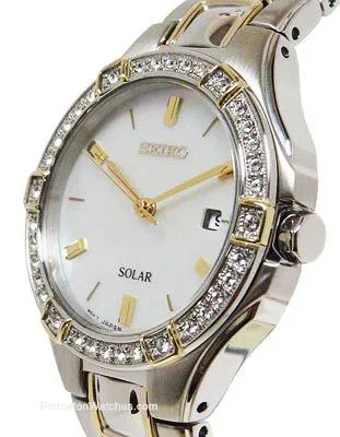 Seiko Womens Solar Crystal Sport Watch - Two-Tone - Mother of Pearl Dial - Date