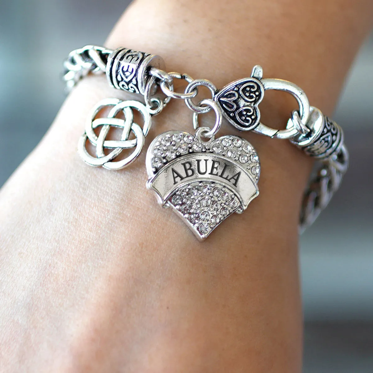 Silver Abuela Celtic Knot Pave Heart Charm Braided Bracelet