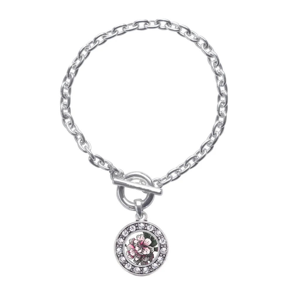 Silver Apple Blossom Circle Charm Toggle Bracelet