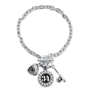 Silver Baseball/Softball - Sports Number 34 Circle Charm Toggle Bracelet