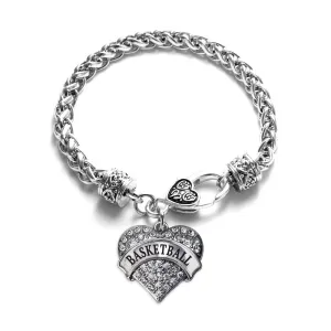 Silver Basketball Pave Heart Charm Braided Bracelet