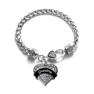 Silver Black and White Grandma Pave Heart Charm Braided Bracelet