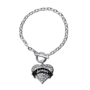 Silver Black Survivor Pave Heart Charm Toggle Bracelet