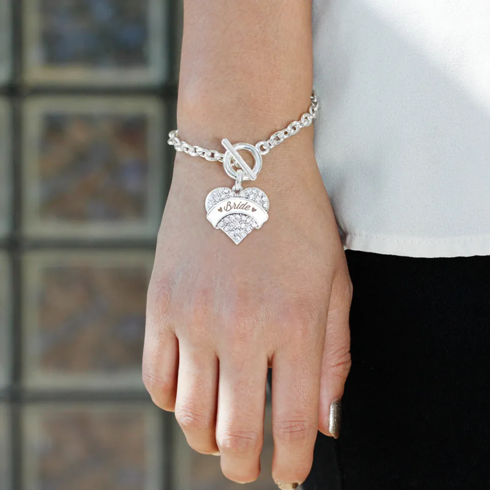 Silver Brown and White Bride Pave Heart Charm Toggle Bracelet