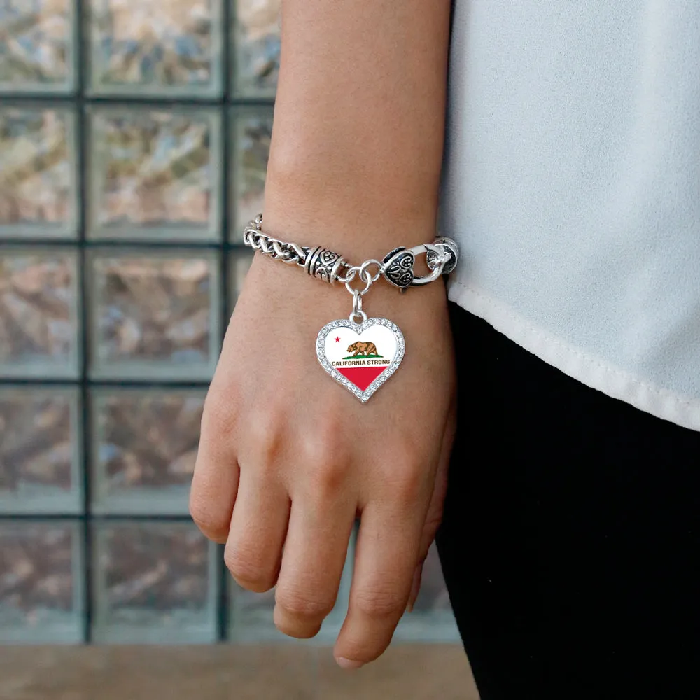 Silver California Strong Flag Open Heart Charm Braided Bracelet