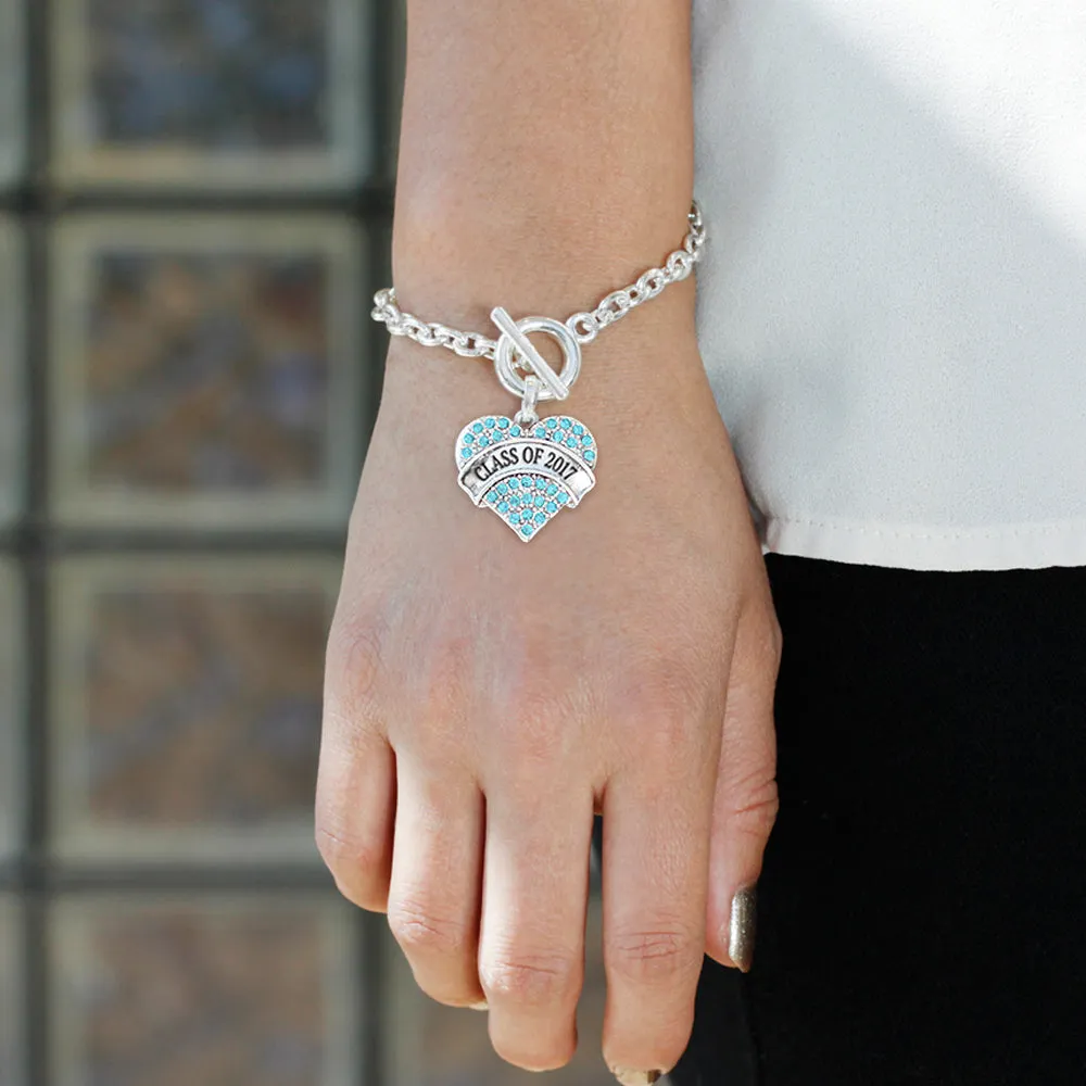 Silver Class of 2017 Aqua Aqua Pave Heart Charm Toggle Bracelet