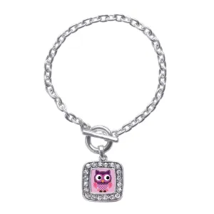 Silver Cute Owl Square Charm Toggle Bracelet