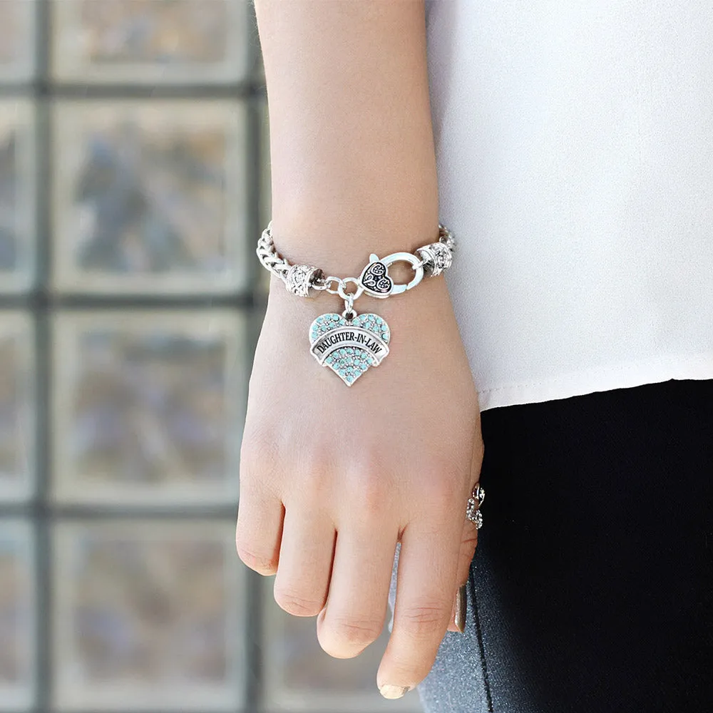 Silver Daughter-In-Law Aqua Pave Heart Charm Braided Bracelet