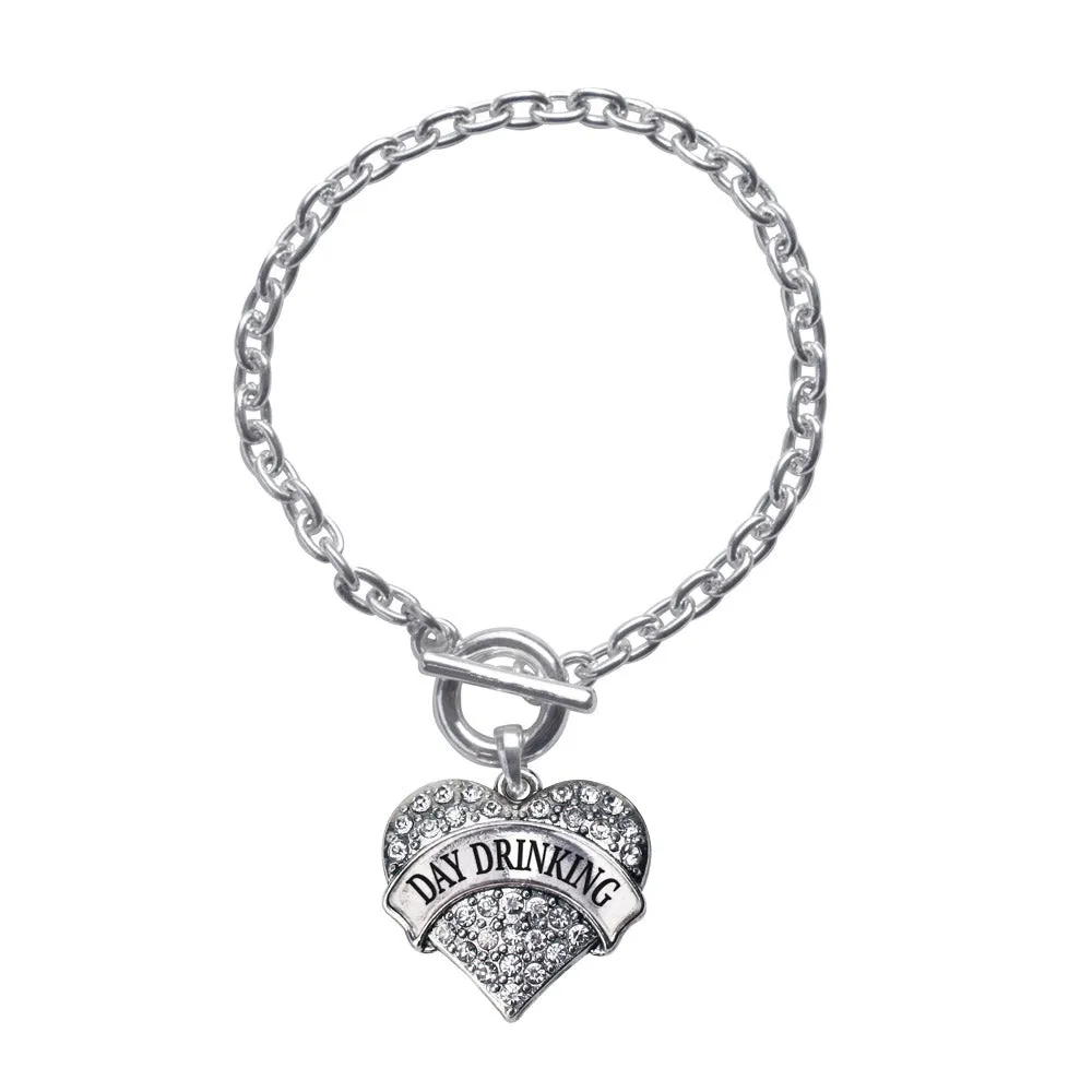 Silver Day Drinking Pave Heart Charm Toggle Bracelet