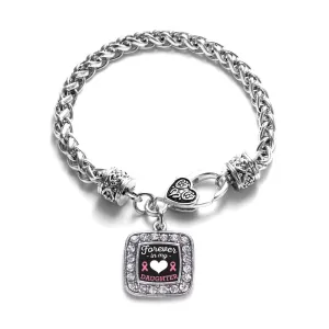 Silver Forever in my Heart Daughter Breast Cancer Support Square Charm Braided Bracelet