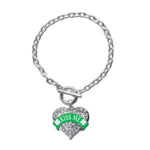 Silver Green Kiss Me Pave Heart Charm Toggle Bracelet