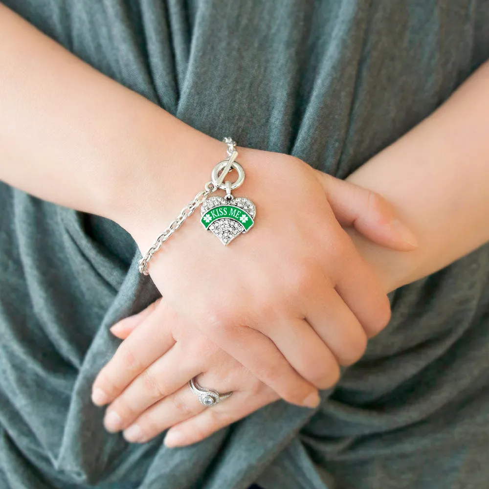 Silver Green Kiss Me Pave Heart Charm Toggle Bracelet