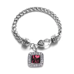 Silver I Love My Cat Square Charm Braided Bracelet