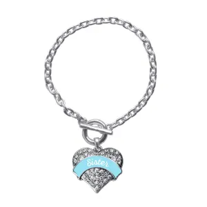 Silver Light Blue Sister Pave Heart Charm Toggle Bracelet