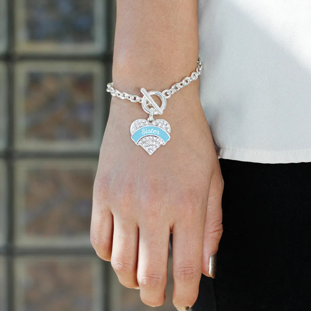 Silver Light Blue Sister Pave Heart Charm Toggle Bracelet