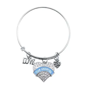 Silver Love Team Argentina Pave Heart Charm Wire Bangle Bracelet