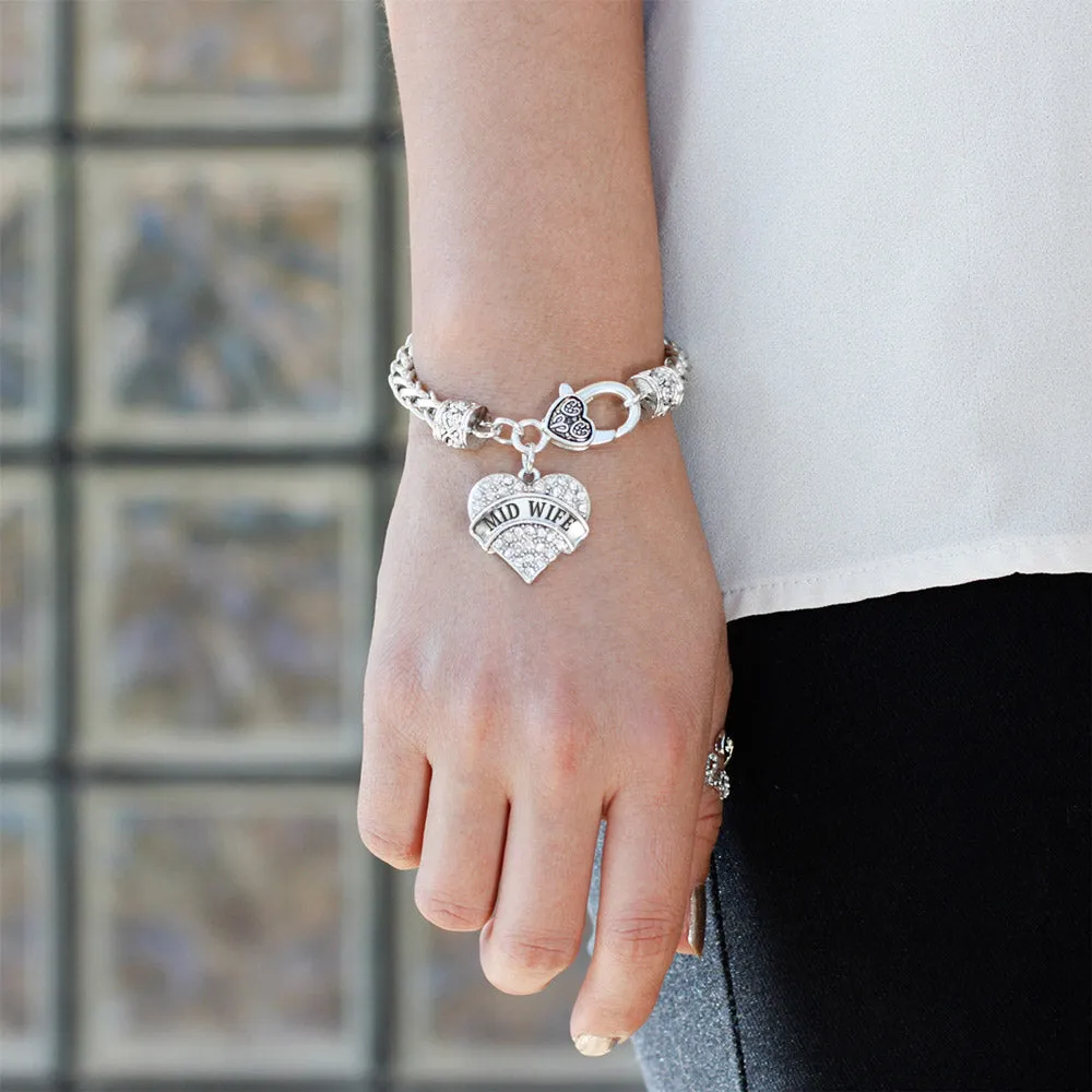 Silver Mid Wife Pave Heart Charm Braided Bracelet