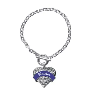 Silver Navy Blue Teacher Pave Heart Charm Toggle Bracelet