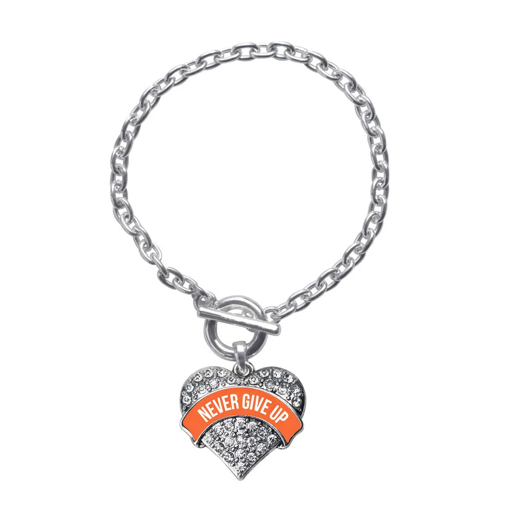 Silver Orange Banner Never Give up Pave Heart Charm Toggle Bracelet