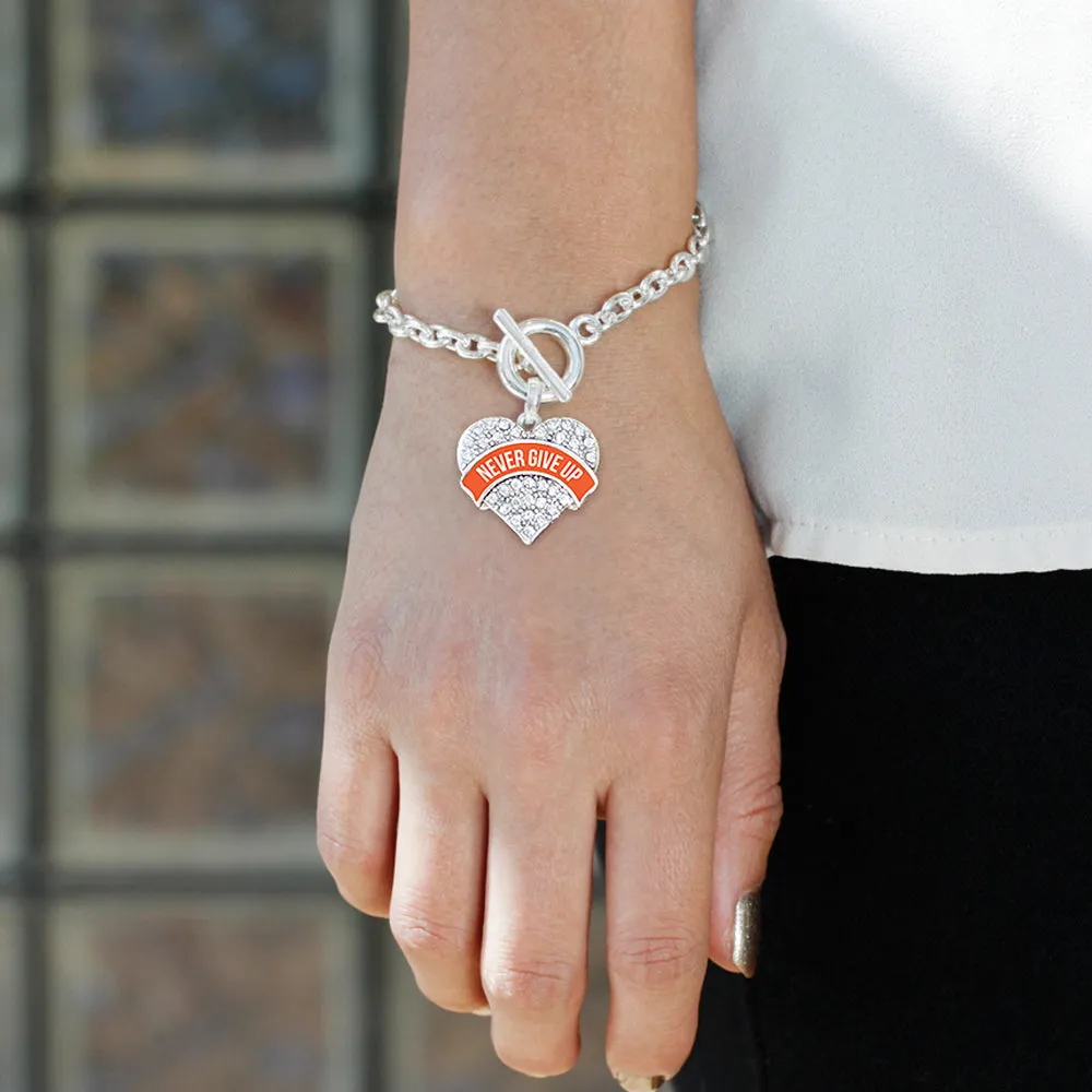 Silver Orange Banner Never Give up Pave Heart Charm Toggle Bracelet