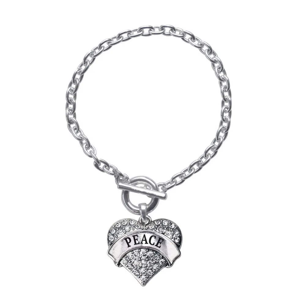 Silver Peace Pave Heart Charm Toggle Bracelet