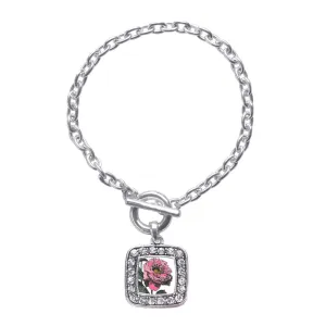 Silver Peony Flower Square Charm Toggle Bracelet