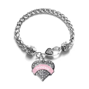 Silver Princess - Light Pink Pave Heart Charm Braided Bracelet